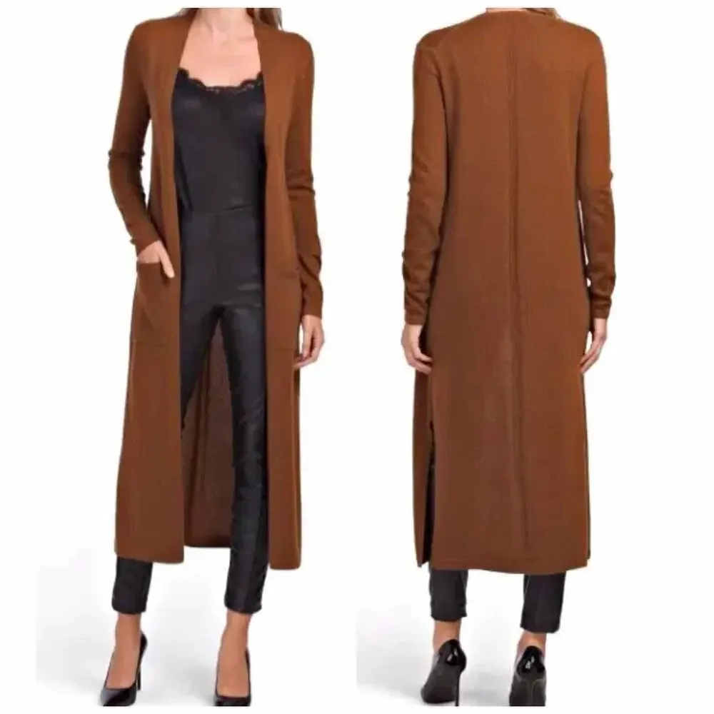 THEORY Torina Long Line 100% Cashmere Open Front Cardigan Syrup Small Neutral